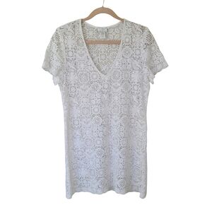 Miguelina White Cotton Crochet Lace Mini Tunic Dress Beach Coverup